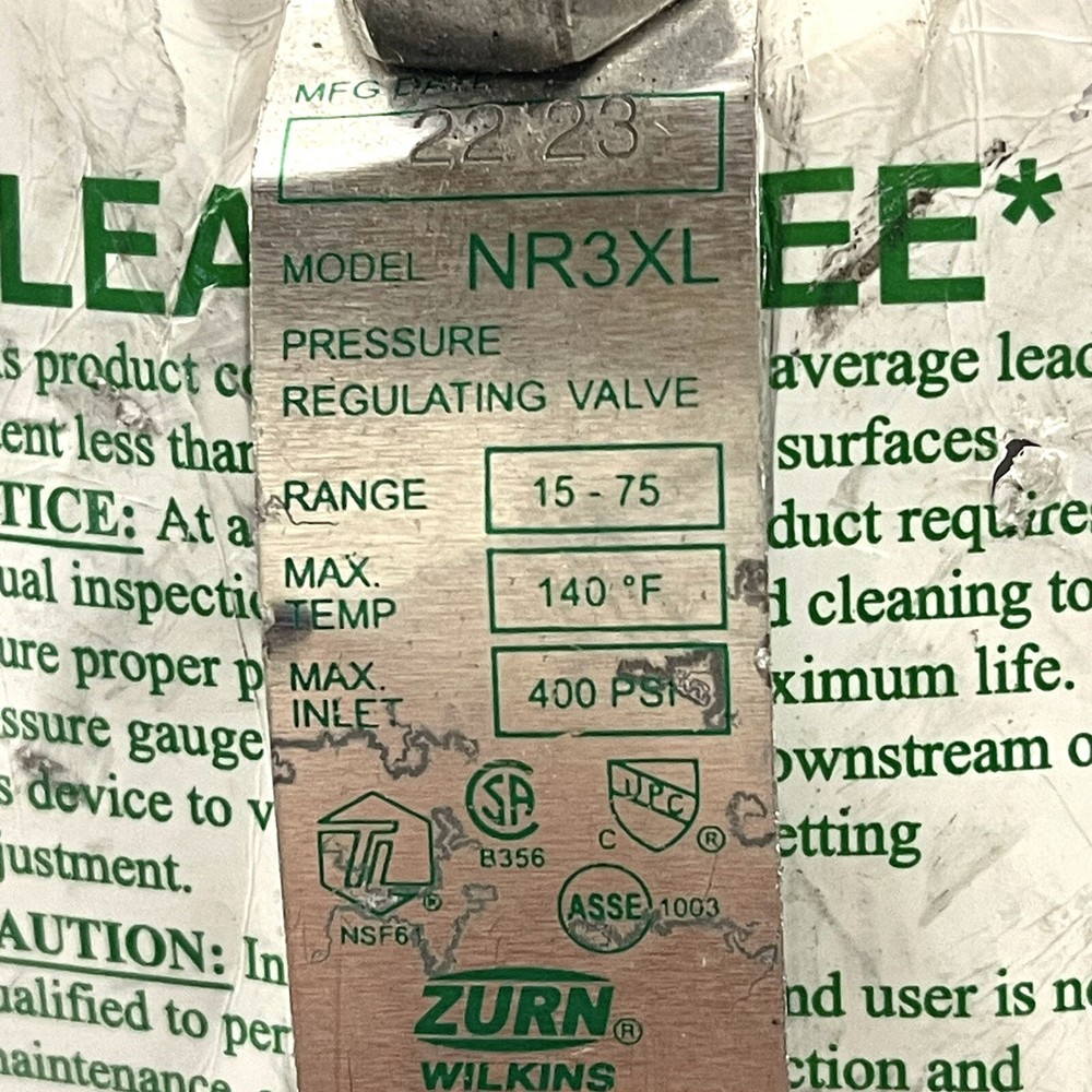 ZURN PRESSURE REDUCING VALVE 3/4" NR3XL