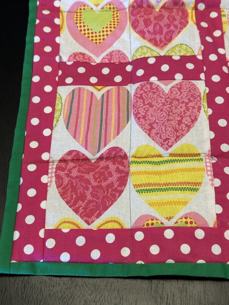 Handmade Quilted Hearts and Polka Dots Table Runner 51”x16"