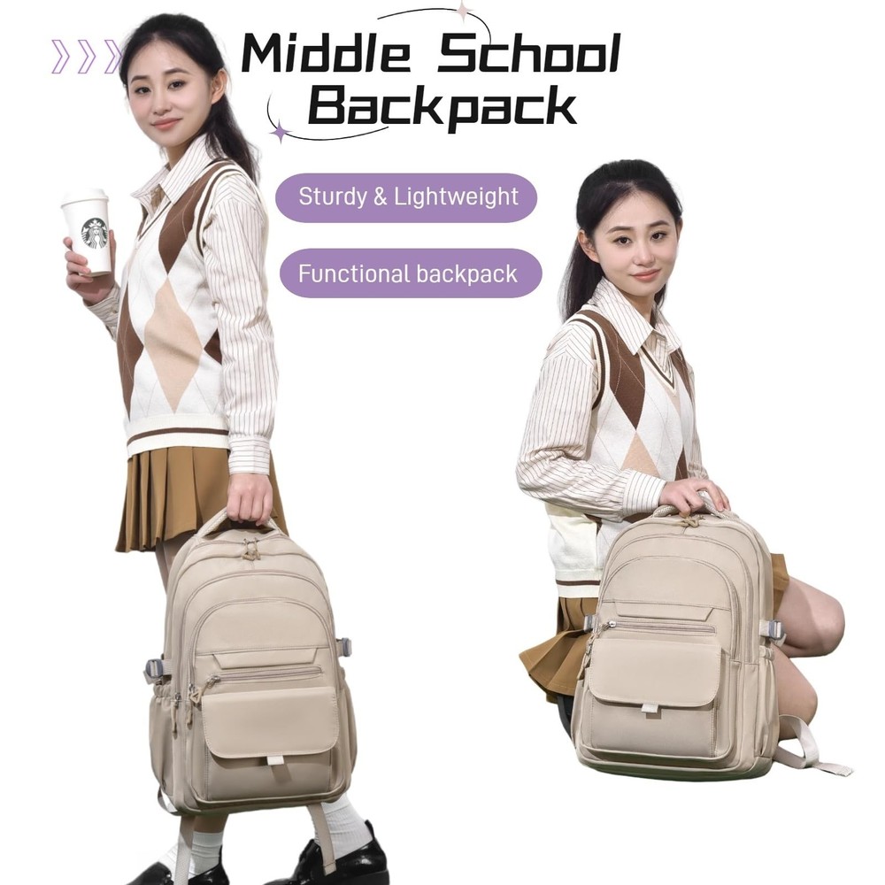 School Backpack Girls Boys Solid Color Aesthetic Bookbag Elementary Khaki