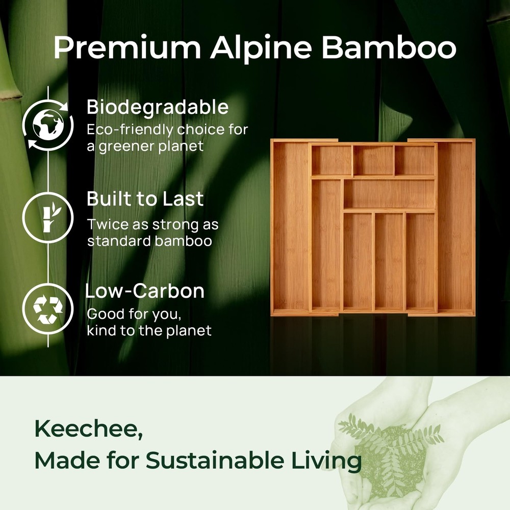 Carbonized Bamboo Kitchen Drawer Organizer, 10 Slots Expandable Silverware Or...