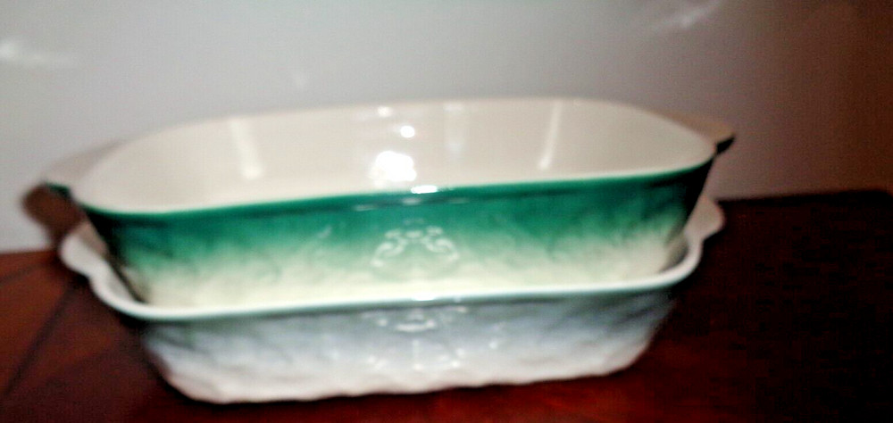 Set of 2 Green & Gray Ceramic Rectangular Baking Roasting Stackable Pan 9X5.5X1"