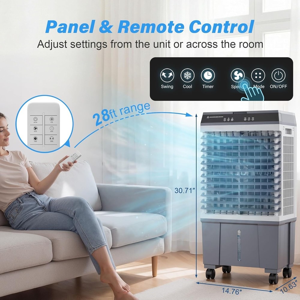 5 Gal Portable Evaporative Cooler with Ice Packs Oscillation Touch Remote Black