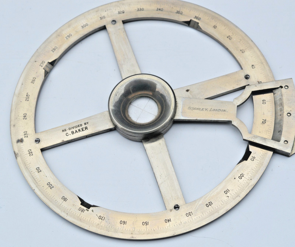 Nickel silver single arm protractor in case – Stanley.