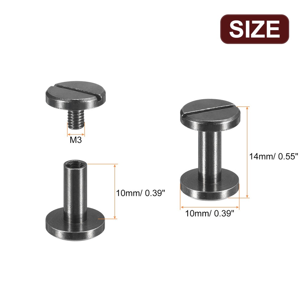 25Pack Brass Chicago Screws, 10x10mm Post Nail Stud Rivets, Black