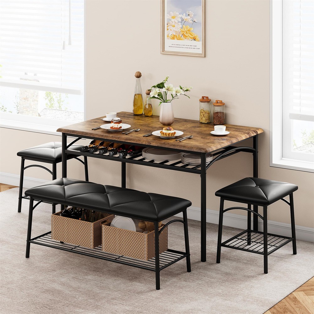 4pcs Kitchen Table Set with Upholstered Bench and Square Stools Dining Table S