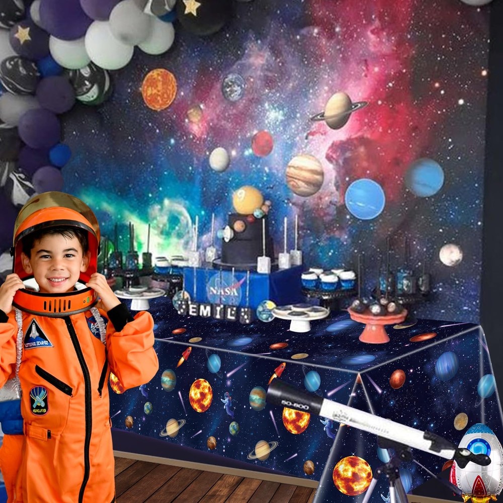 2 Pack Outer Space Party Tablecloths, Solar System Table Covers, 51x87'' Plas...