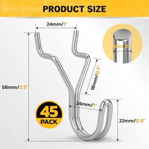 45-Piece Pegboard Hooks J-Hook, Silver J Hooks for Pegboard, Fits 1/8” &
