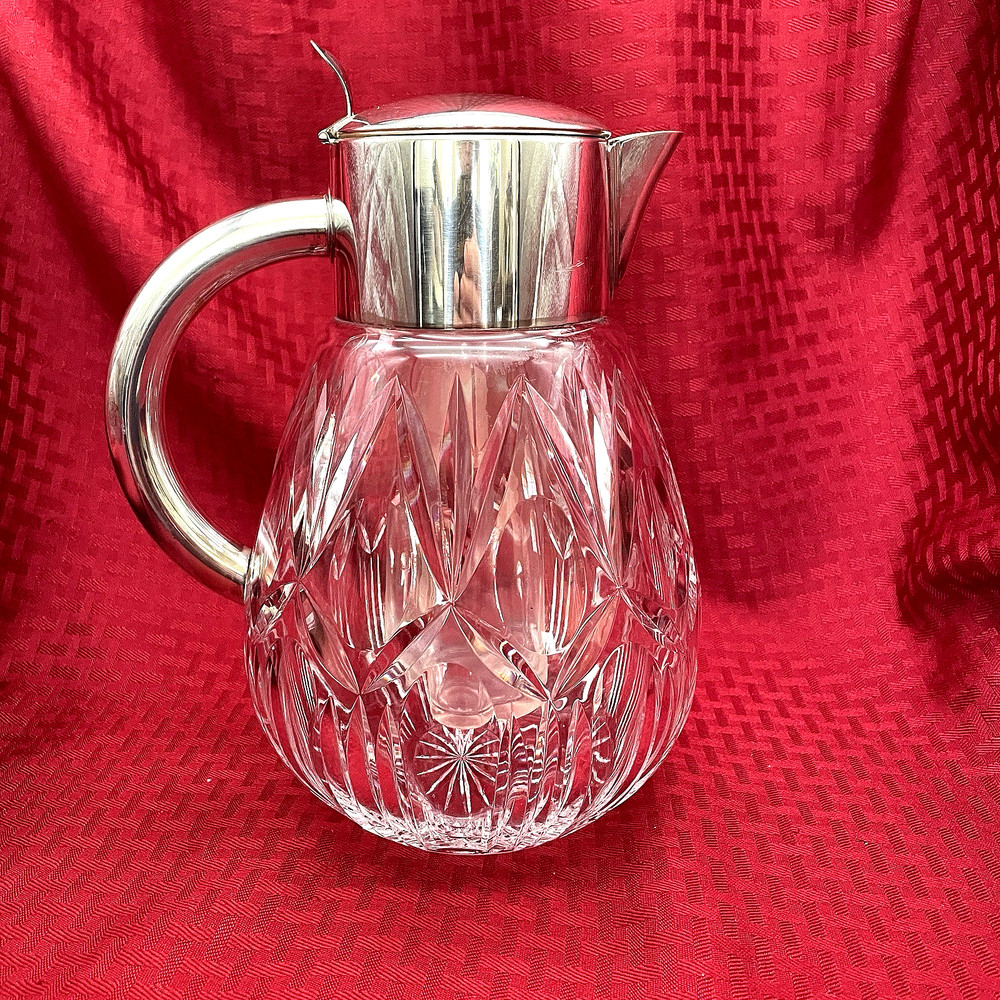 VINTAGE LARGE CRYSTAL COOLING PITCHER SILVER HANDLE AND LID