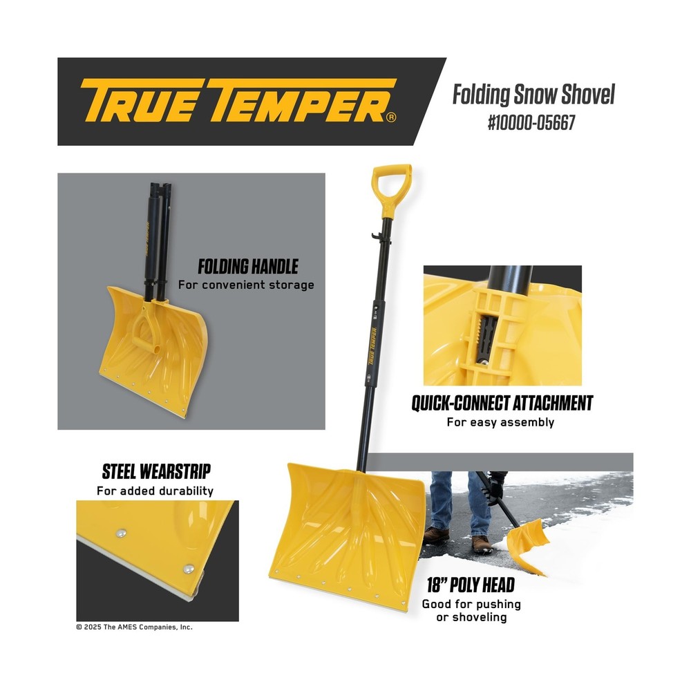 True Temper 18" Poly Folding Snow Shovel, Convenient Storage, Collapsible, Co...
