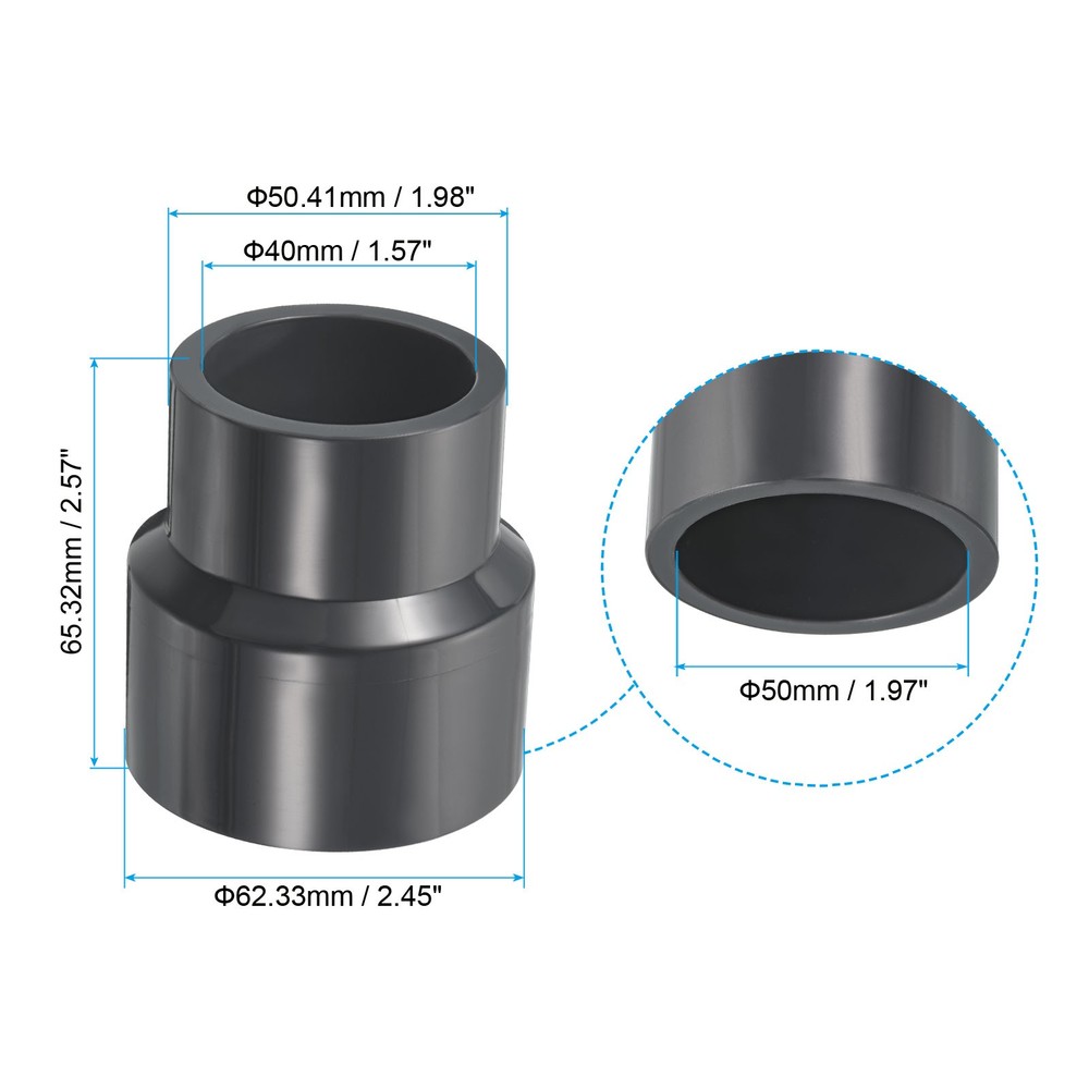2pcs PVC Reducer Pipe Fitting 2x1.6" Socket Coupling Adapter Connector, Grey