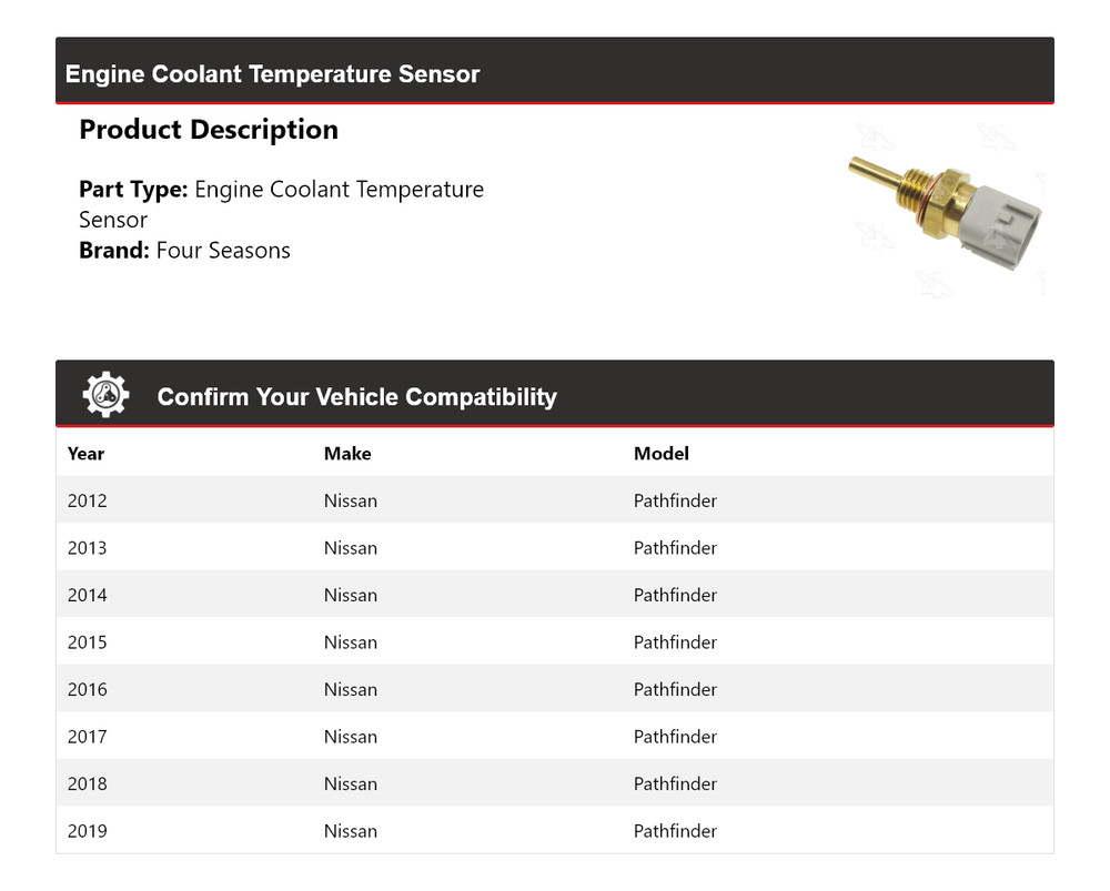 For 2012-2019 Nissan Pathfinder Engine Coolant Temperature Sensor 4 Seasons 2013