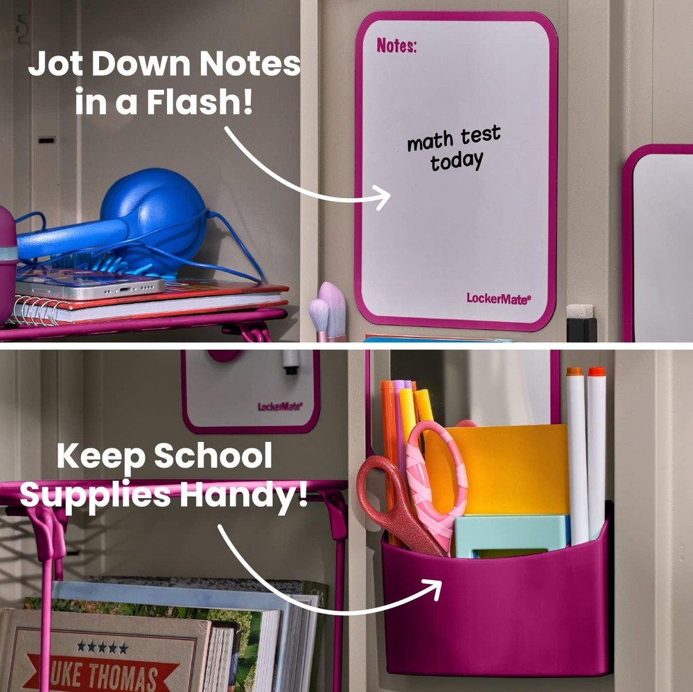 7-Piece Locker Organizer Kit, Includes Locker Shelf, Mirror, Whiteboard,, Pink
