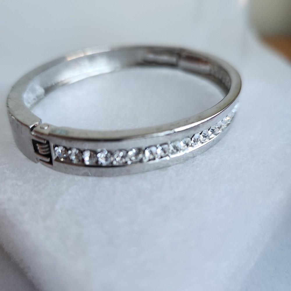 Silver Tone Crystal Hinged Bangle Bracelet Minimalist Channel Set