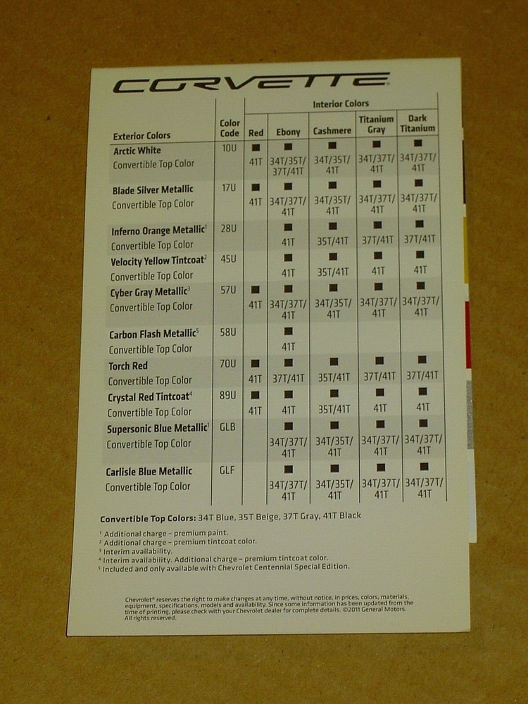 2012 CHEVROLET CORVETTE COLOR CHIP CHART BROCHURE MINT!