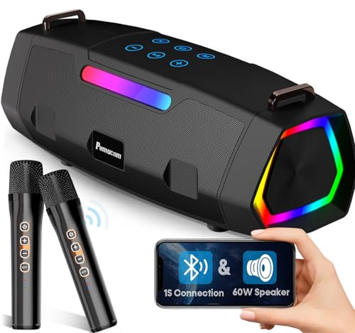 Portable Bluetooth Karaoke Machine - 60W Powerful Speaker with 2 Wireless