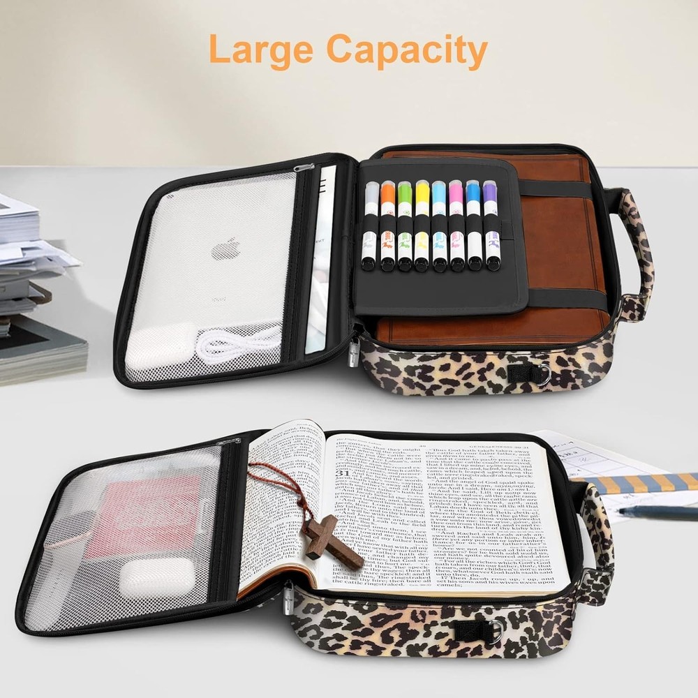 Leopard Large Bible Cover with Shoulder Strap & Organizer