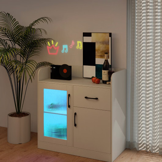 LED Buffet Sideboard with Charging Station with Drawer and Translucent Fluted Do