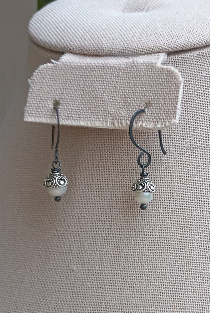 Artisan Blackened Sterling Silver & Pearl Earrings, NEW