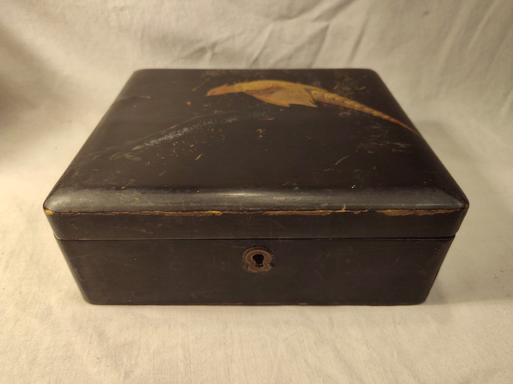 Antique Boho Shabby Chic Black Lacquer Japanese Box Pheasant Bird