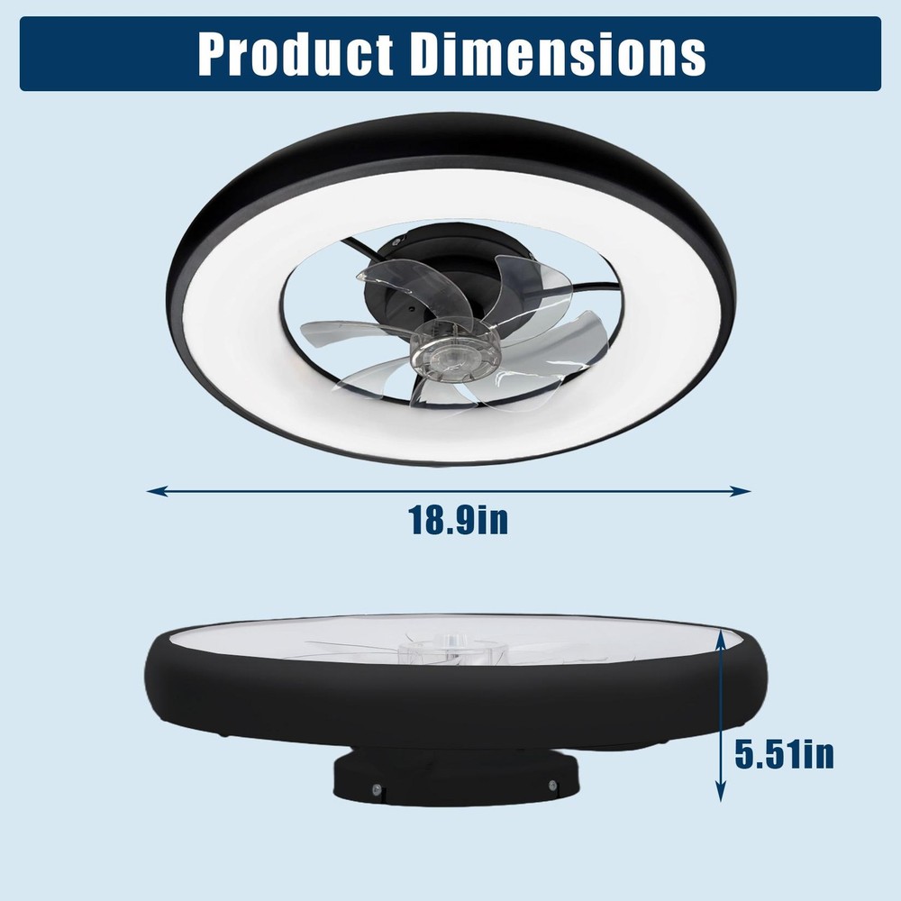 Modern Circular Ring Ceiling Fan LED Light Dimmable Remote Quiet Low Profile