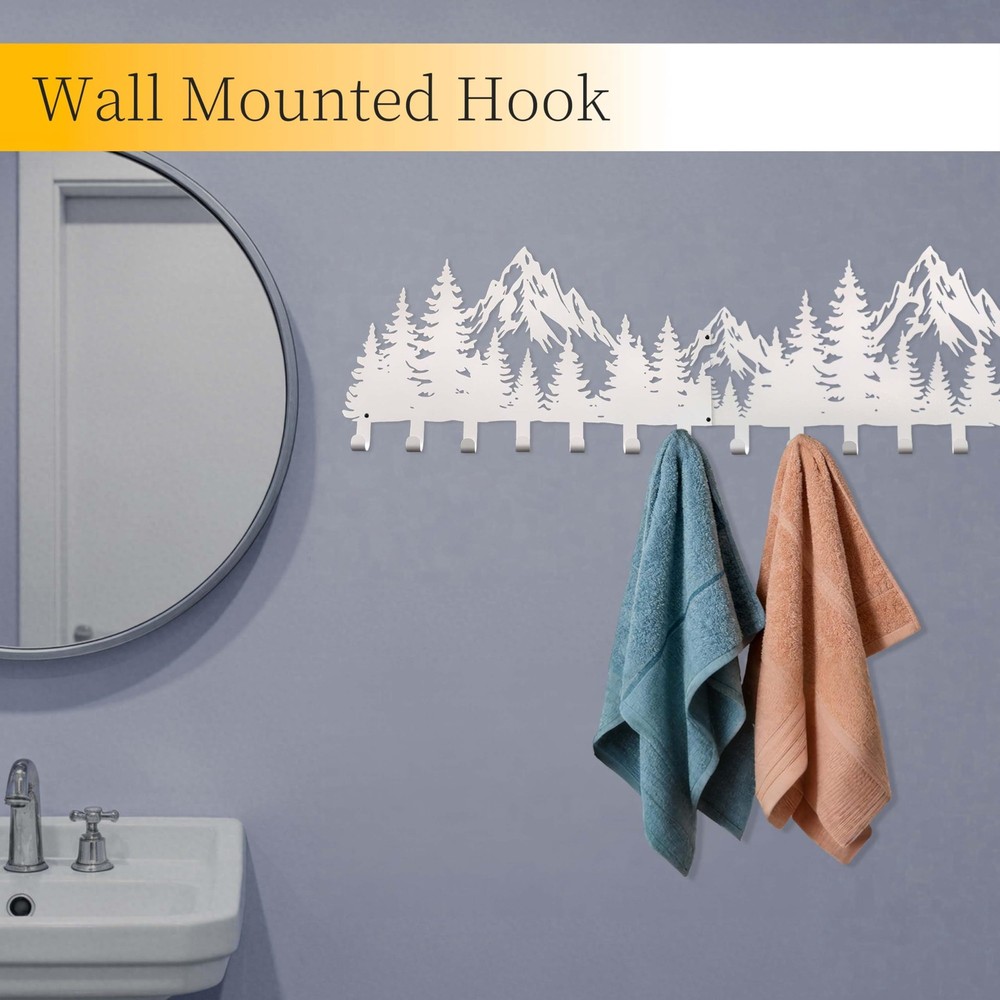 Large White Mountain Wall Mount with 14 Hooks, Decorative Forest Art Wall Han...
