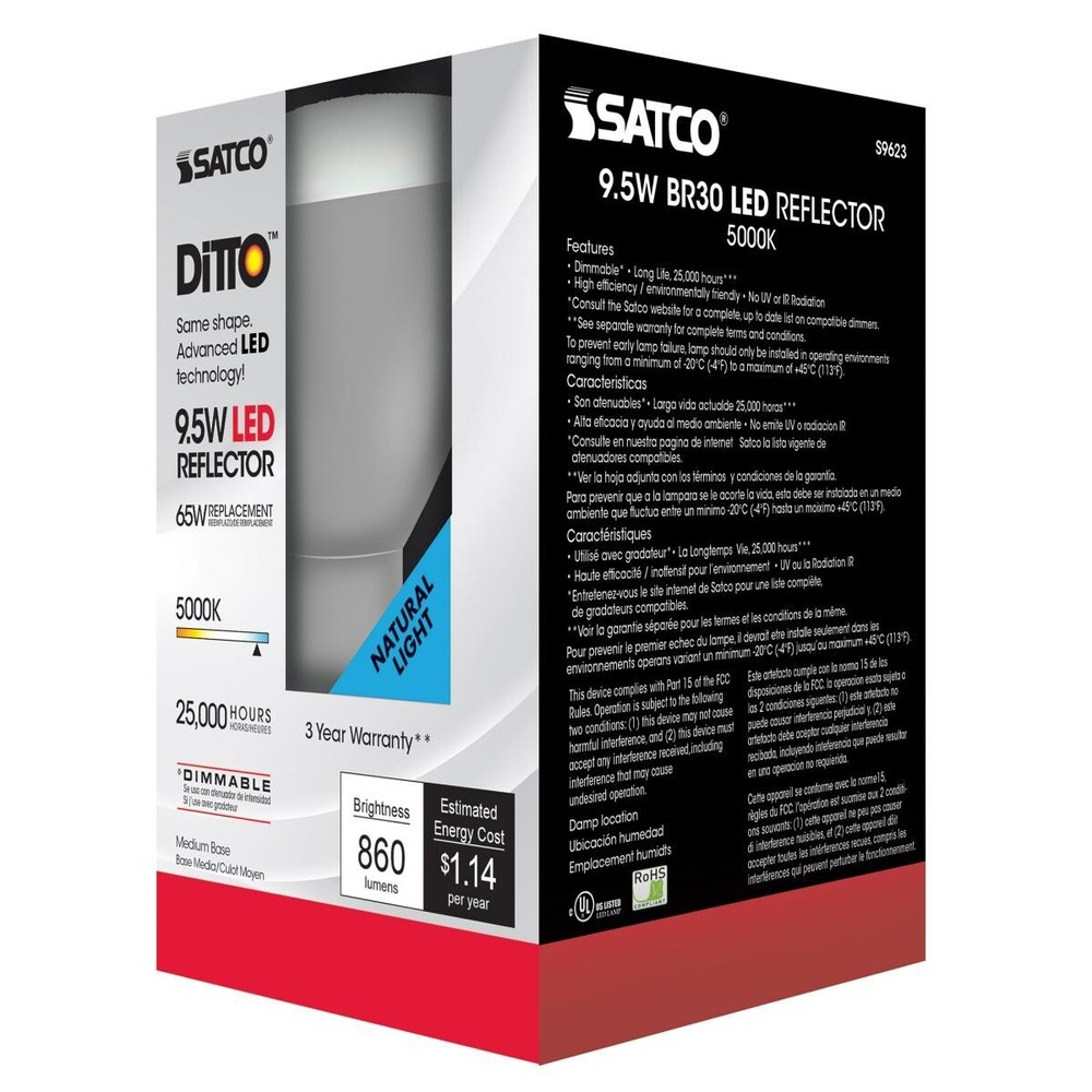 SATCO S9623 - 9.5 Watt BR30 Dimmable LED Light Bulb - 5000K (6 or 12 Pack)