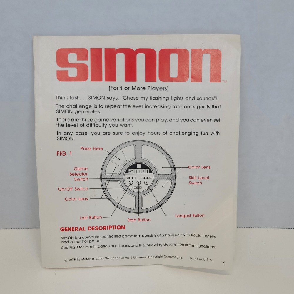 Milton Bradley 1978 Simon Game Instruction Manual