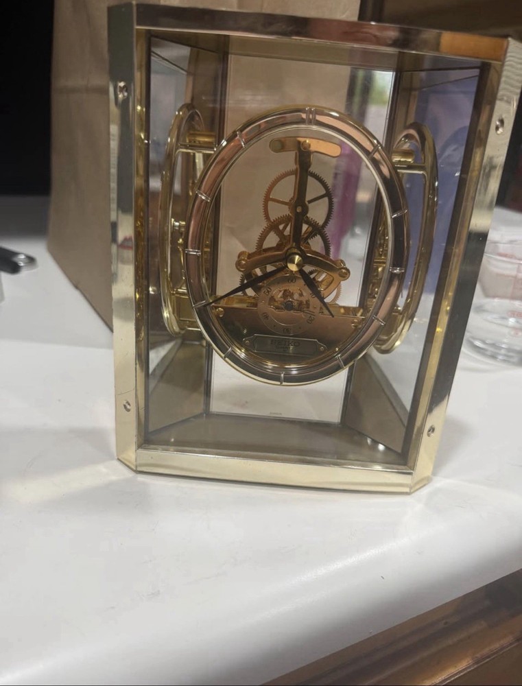 Gold Brass Skeleton Mechanical Glass Desk Clock Modern Rectangular Design
