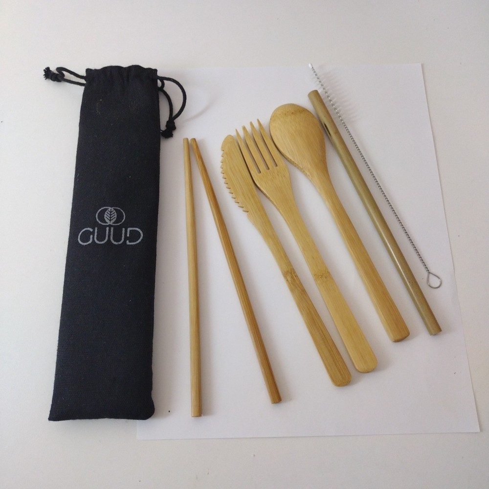 Guud 6-piece Bamboo Spoon, Fork Chopsticks, Straw, Knife  Set