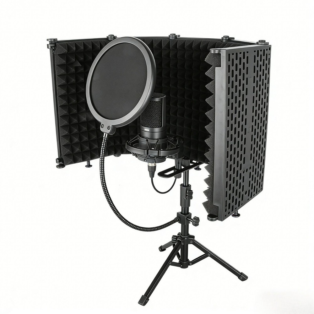 Microphone Isolation Shield, 5 Panel Sound Shield with Pop Filter and Tripod Sta