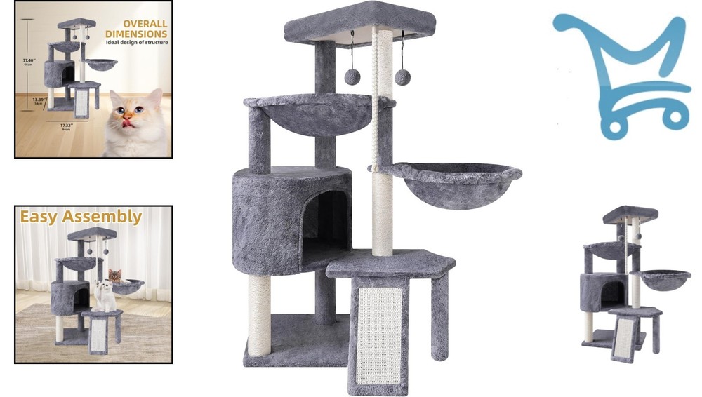 Three Layer Cat Tree Grey with Condo Hammocks and Scratching Posts