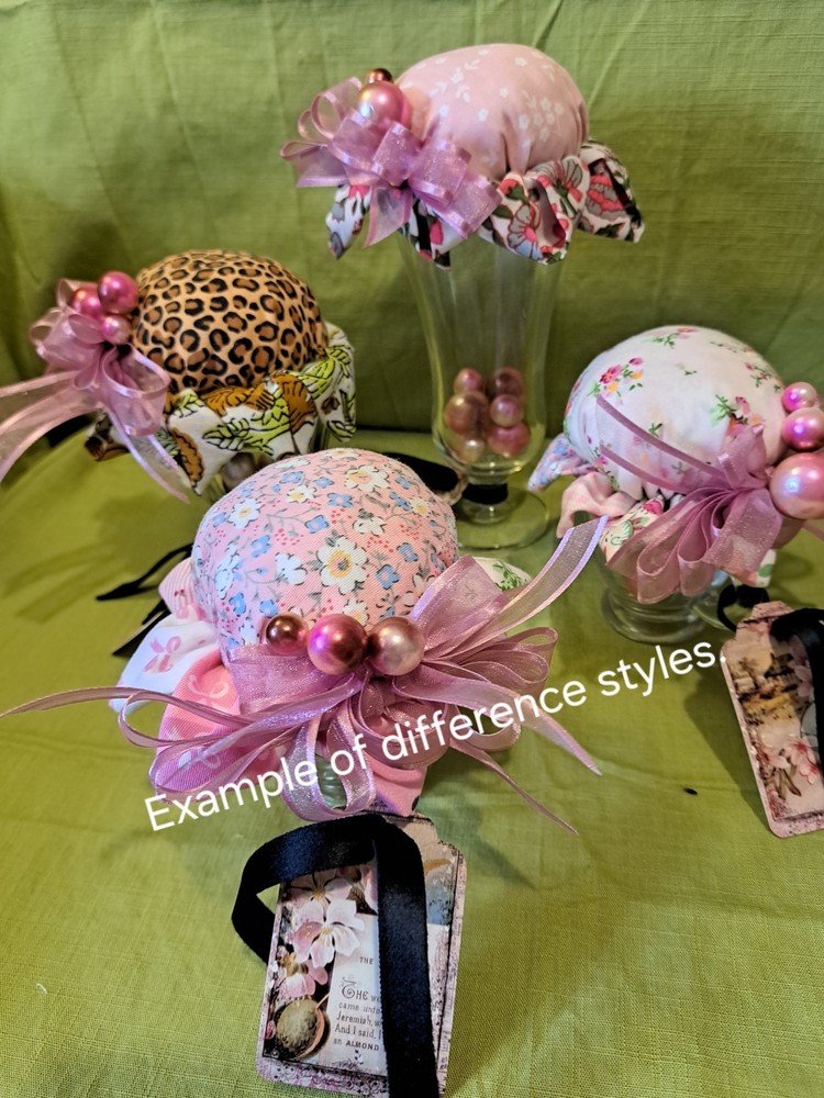 (1) Pin Cushion, Whimsical ice cream/flower, shape using vintage glass ware