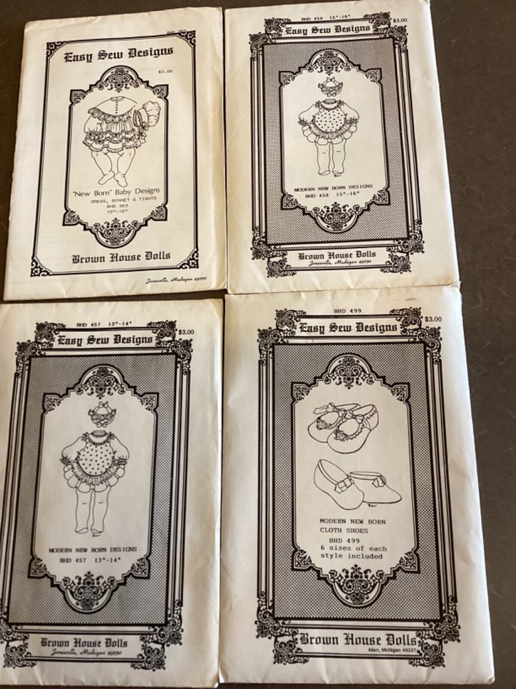 4 Brown House/Easy Sew Doll Clothes Patterns New Born Designs