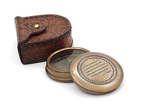 Solid Brass Gift Compass with Leather Case – Engraved Tolkien Quote “Not All