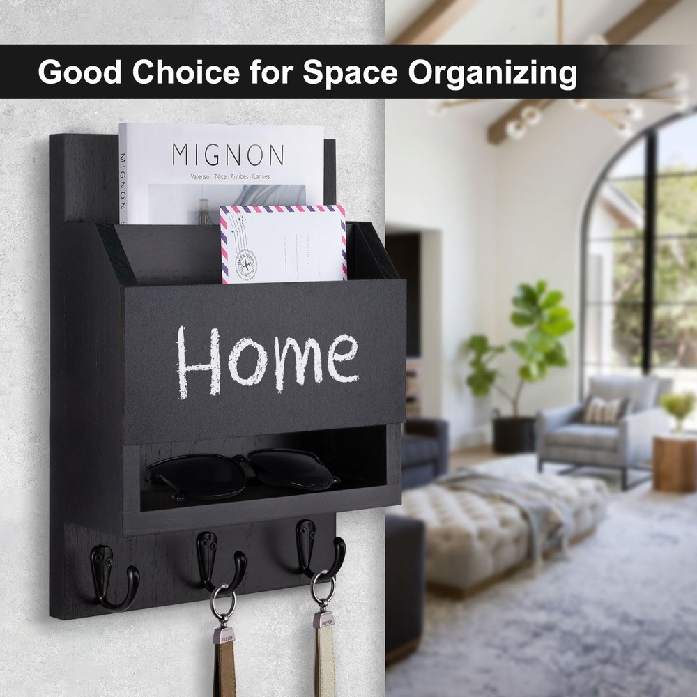 Black Key, Mail Holder, Wall, Chalkboard, Storage Box, 3 Hooks, Entryway, Org