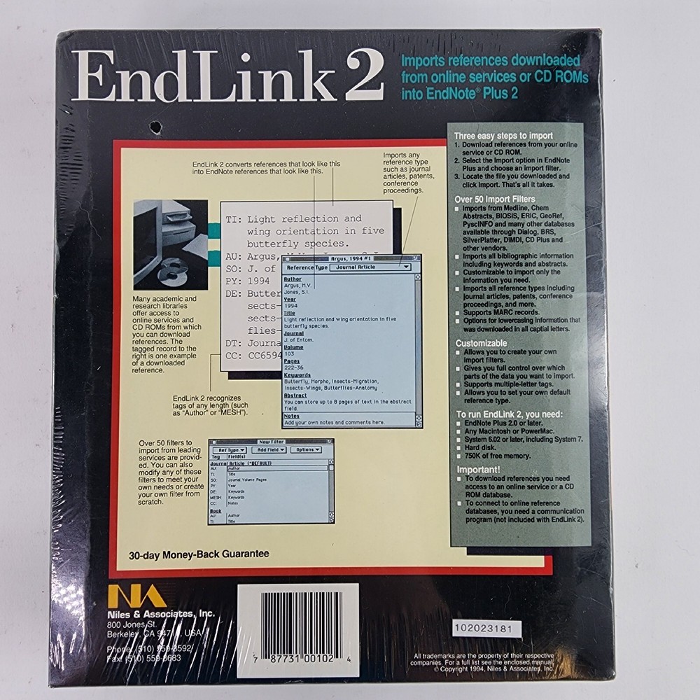 ENDLINK 2 Macintosh Software for EndNote reference/bibliography 1994 SEALED NEW