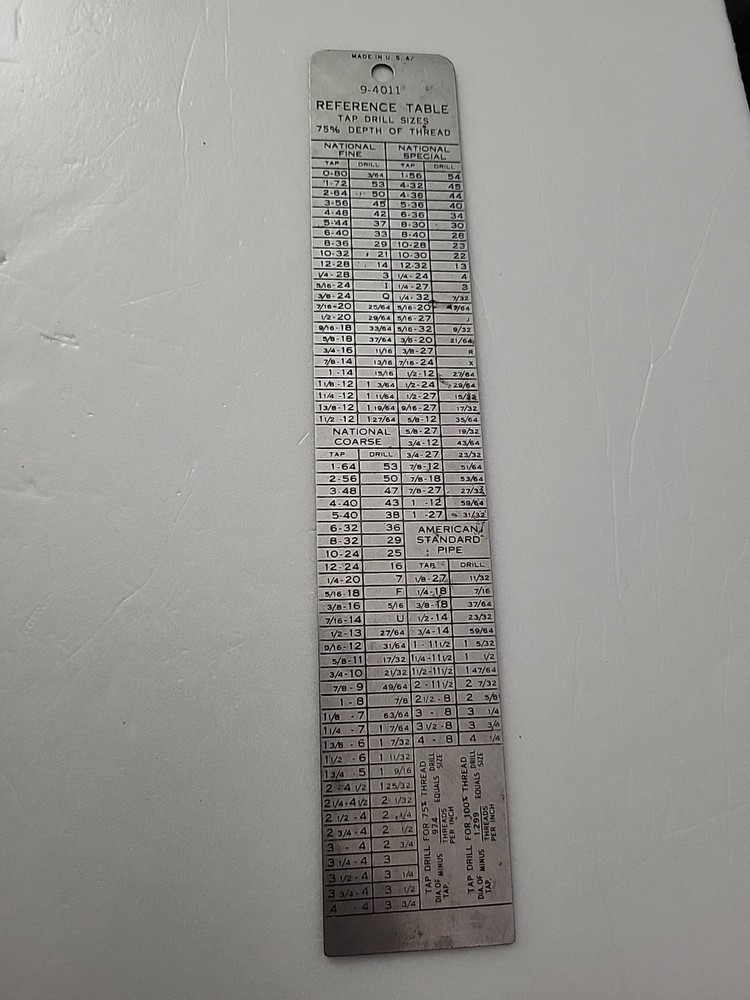 Craftsman Reference Table Tap Drill Sizes 9-4011