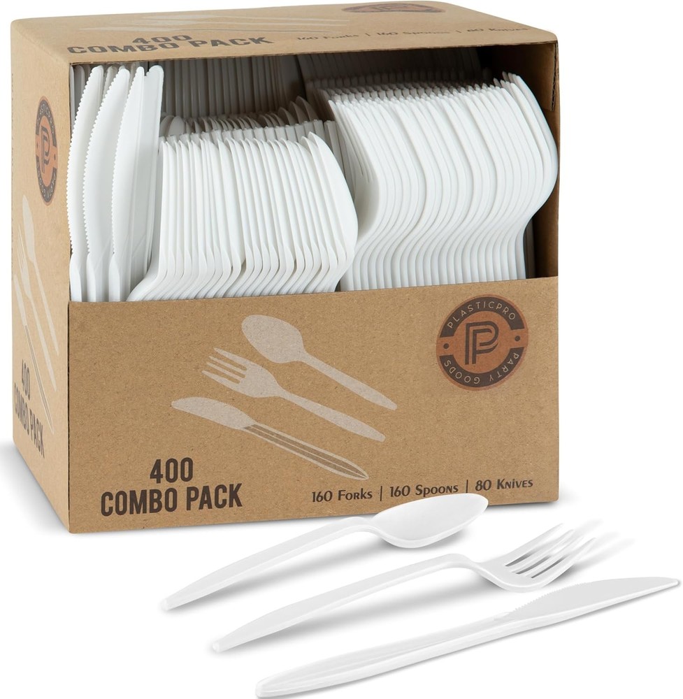 PLASTICPRO 400 Pack Disposable Plastic Utensils Assorted Colored White