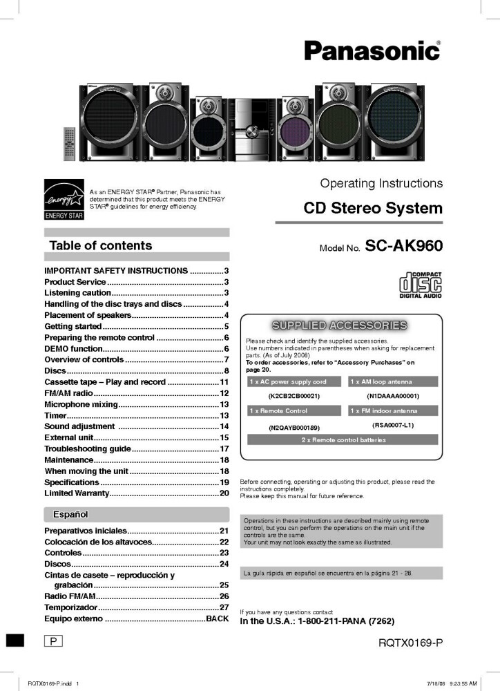 Panasonic SA-AK960 CD Stereo System Owners Instruction Manual