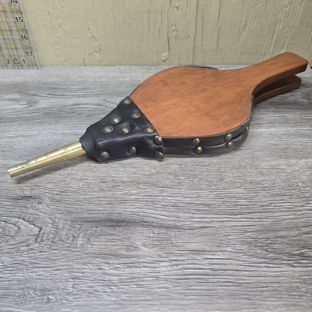 Vintage Fireplace Bellows Wood Rubberized Material Brass Nozzle Hand Blower