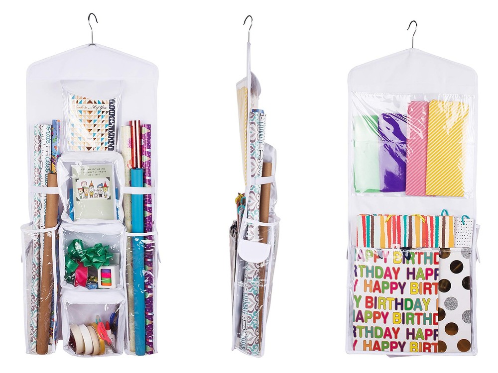 Double-Sided Hanging Gift Bag and Gift Wrap Organizer (White)