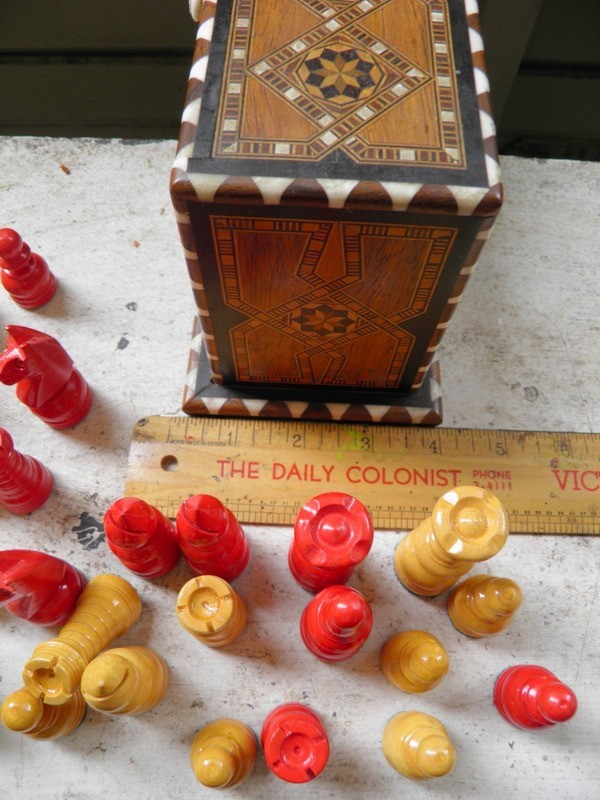 Hand Made Chess pieces in old Marquetry box