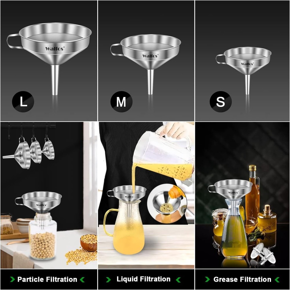 Durable Stainless Steel Funnels with Removable Strainers - Easy Clean & Store