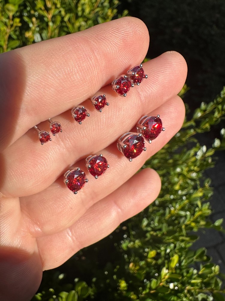 Real Ruby Red Moissanite Screwback Stud Earrings 925 Silver 3-8mm Iced Pass Test