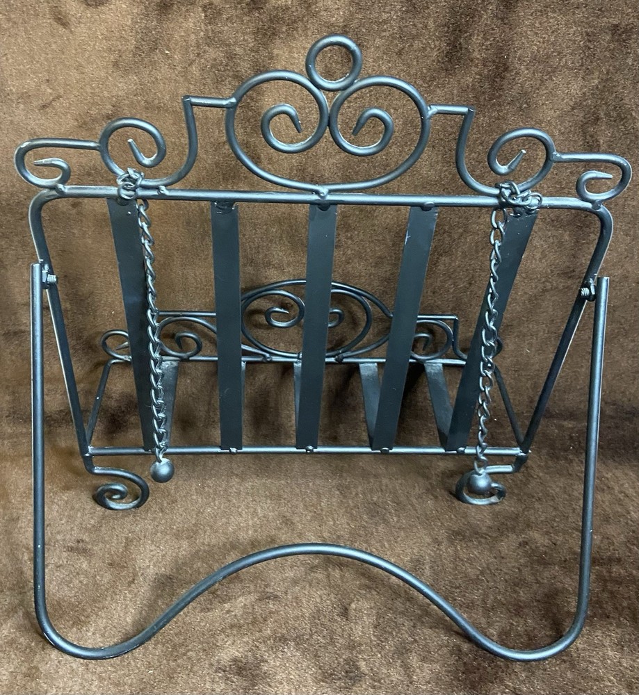 Black Wrought Iron Cookbook Holder Stand Scroll With Page Weights