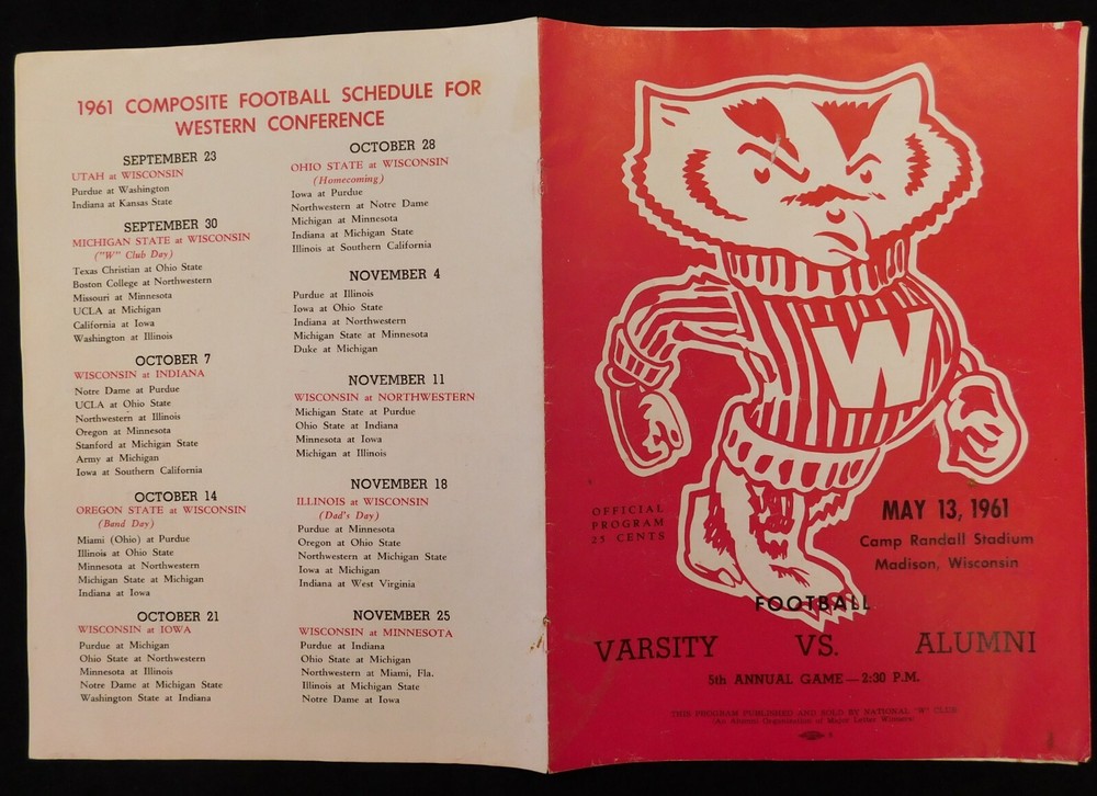 Wisconsin Badgers 1961 Varsity Vs Alumni Official Program "Camp Randall Stadium"