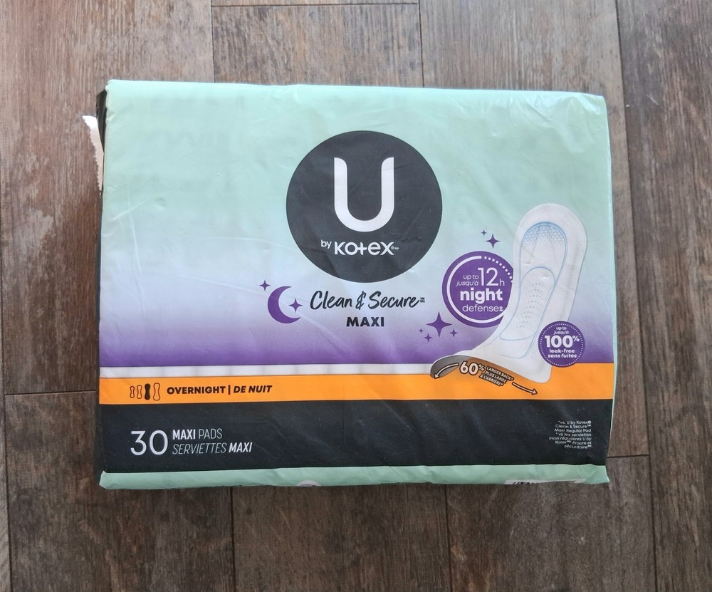 U by Kotex Clean & Secure Overnight Maxi Pads, 30 Count, NIP, Unopened