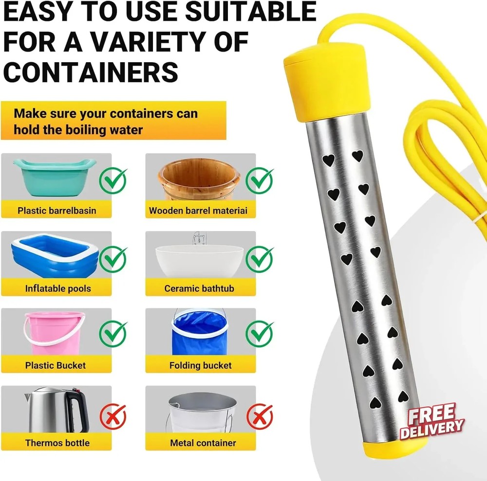 Immersion Water Heater Electric, Portable Bucket Heater with 304 Stainless Steel