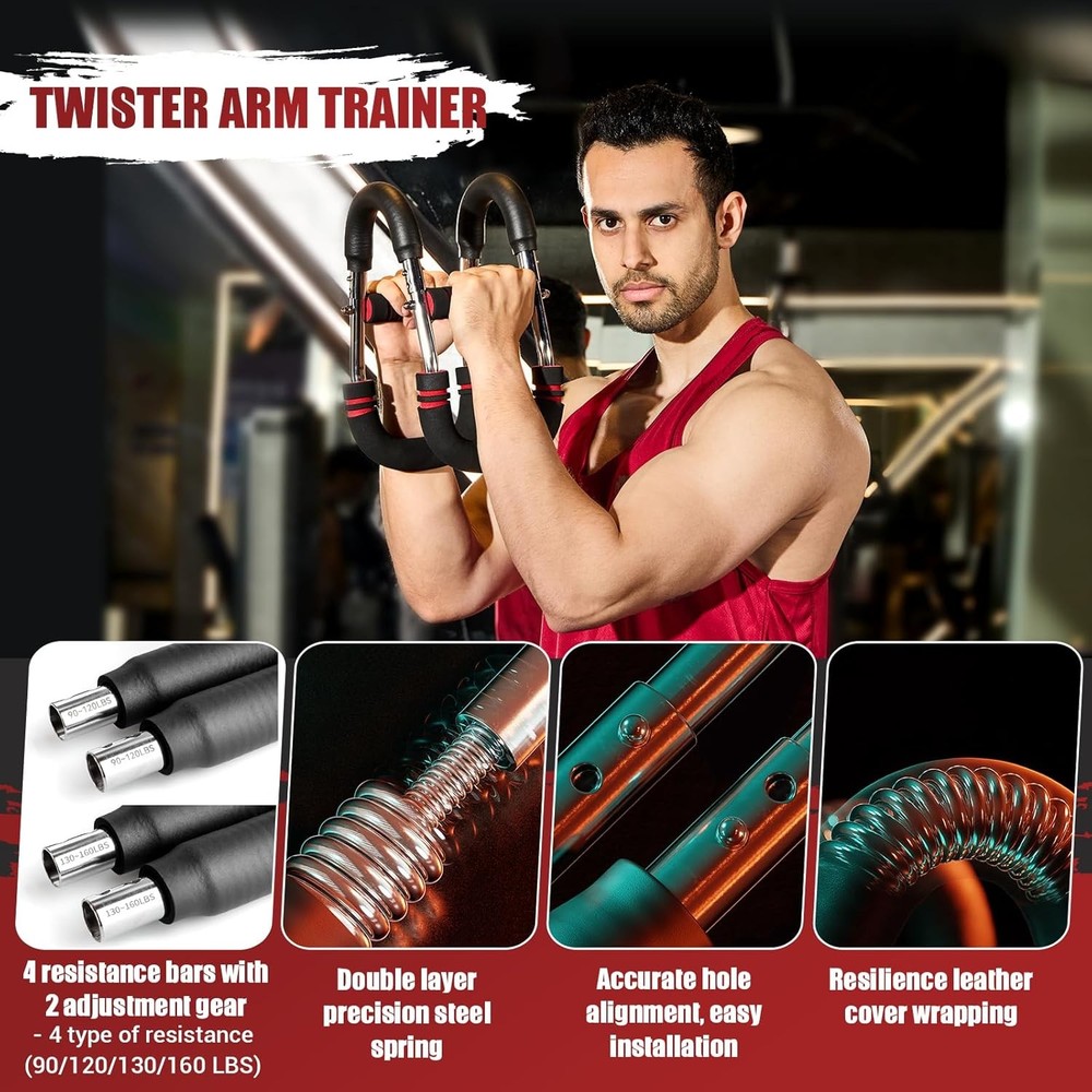 Adjustable twisting arm trainer for chest exercises.