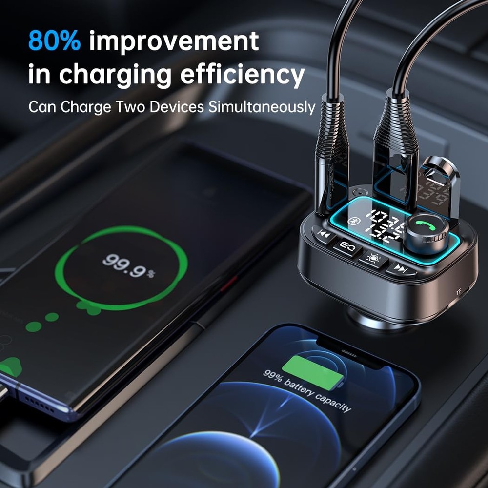 Bluetooth 5.3 Car Adapter FM Transmitter, 42W (PD30W & 12W) USB Small, Black